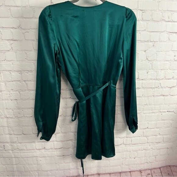 Reformation Starlight Wrap-Over puffed sleeve silk mini dress emerald size XS - Picture 10 of 13